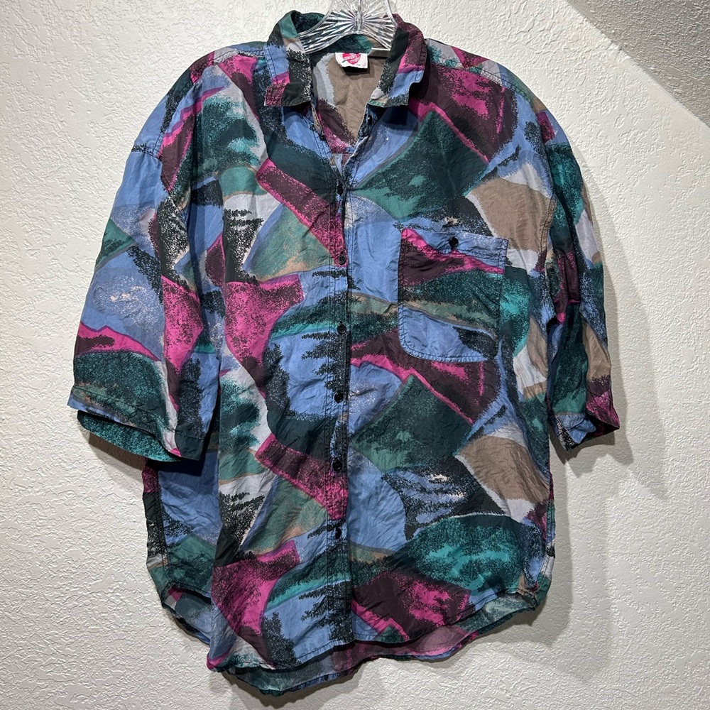 KEREN hart Men's Colorful Abstract 100% Silk Short Sleeve Shirt Size Large